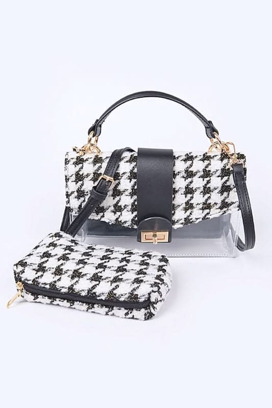 2 In 1 Houndstooth Print Clear Bag Set With Pouches